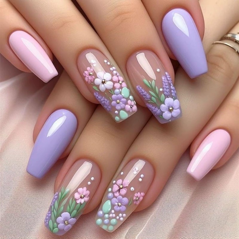 juggssa 3D Flower Press on Nails Medium Coffin Fake Nails with Spring Fresh Flower Designs Glue on Nails Purple Pink Acrylic Press on Nails Kits Full Cover False Nails with Glue Stick on Nails for Women 24PCS - Image 1